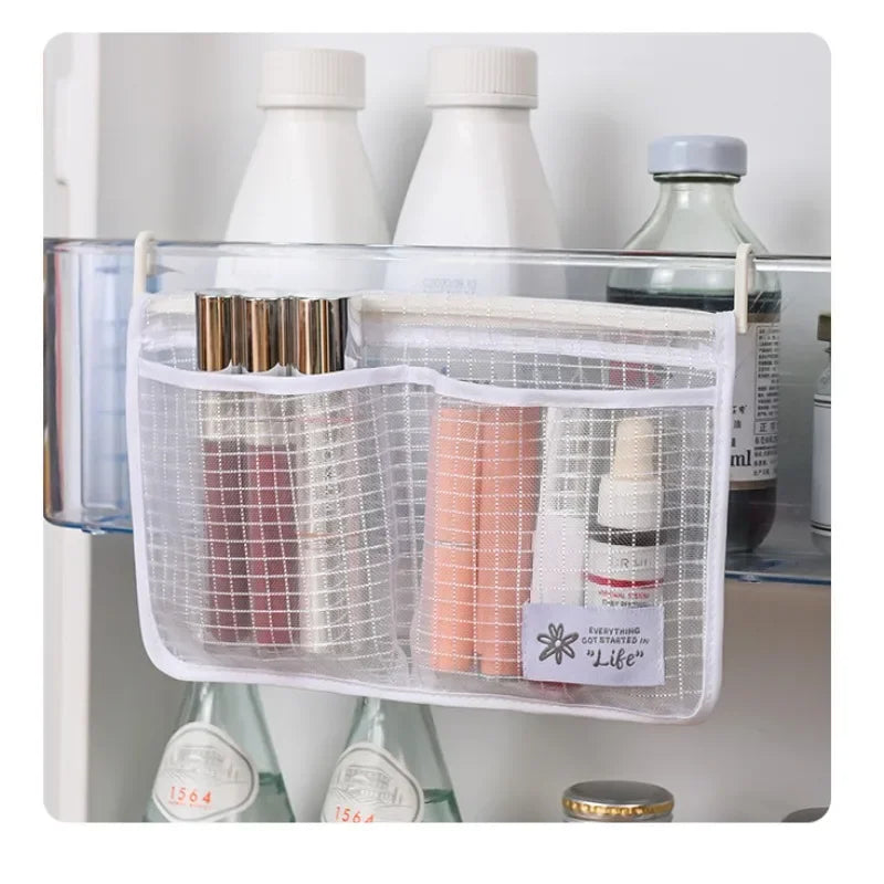 1Pcs Refrigerator Storage Mesh Bag Double Compartment Hanging Pouch Kitchen Organizer Pockets with Hook Washable Fridge Net Bag