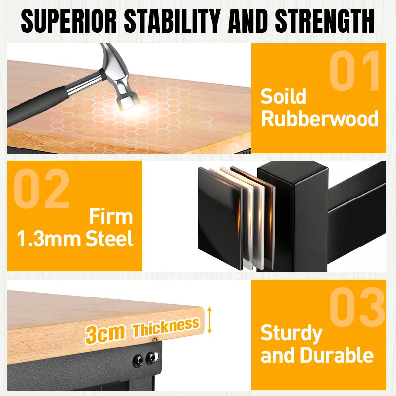 60” Adjustable Workbench Worktable 2000 LBS Load Capacity Rubber Wood Table Work Benches for Garage,with Power Outlet & Pegboard