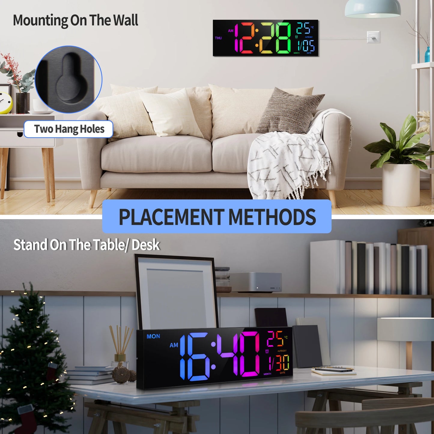 16" Large Digital Wall Clock, Big LED Display with Remote, 8 RGB Color, Alarm, DST, Temperature for Living Room, Kitchen
