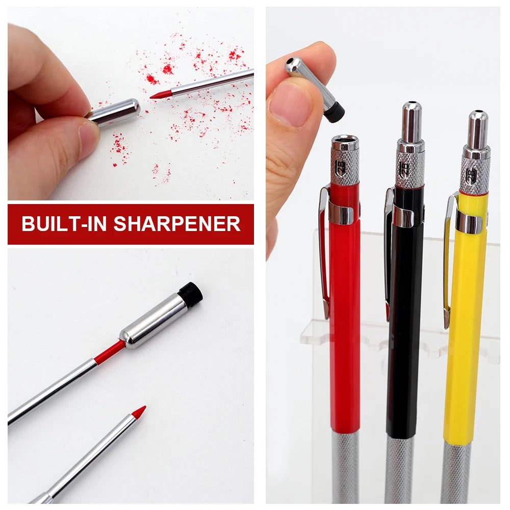 2mm Mechanical Woodworking Pencil Set with 12 Pen Cores, Woodworking Marking Tool Solid Deep Hole Construction Pencil