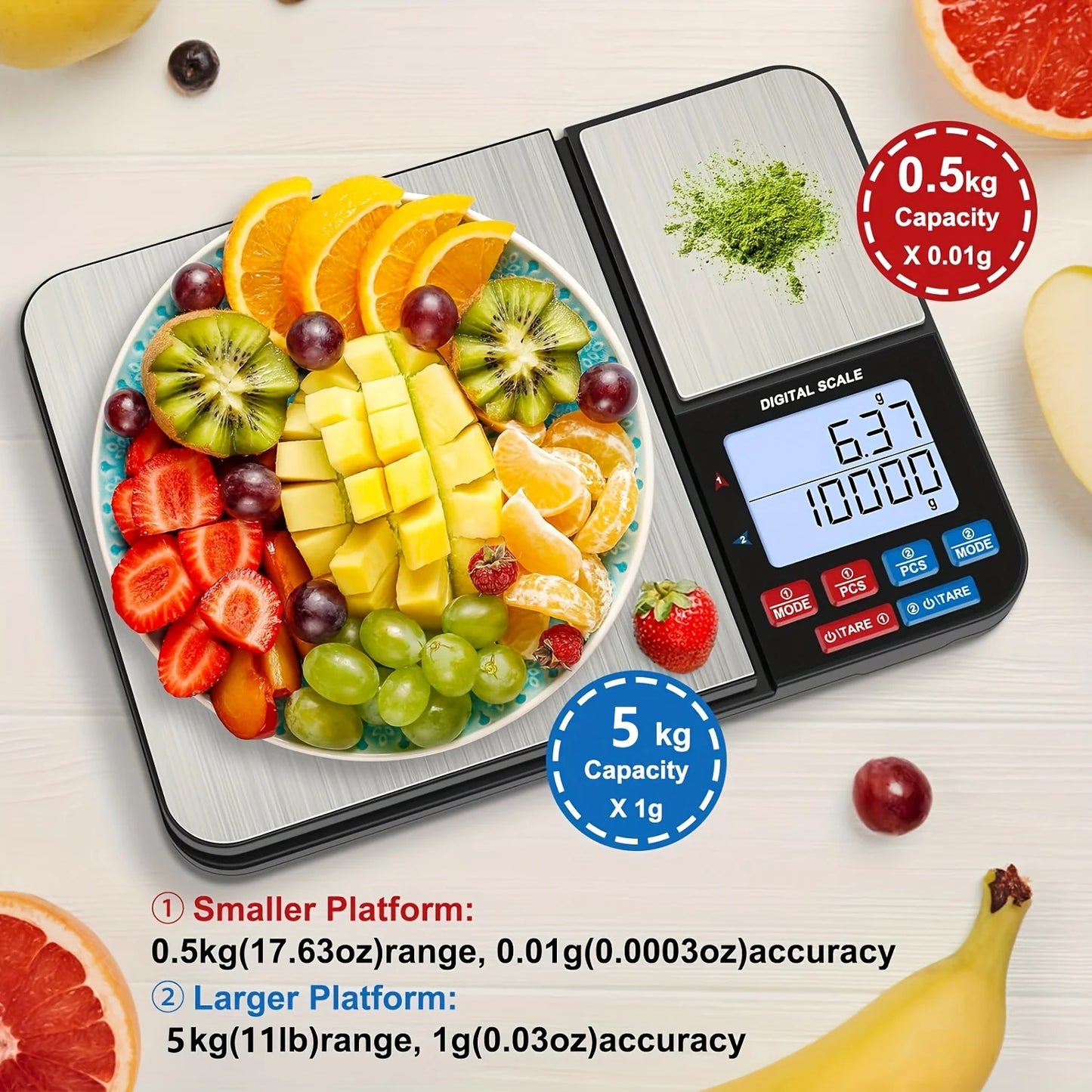1 Piece Large Dual Platform Digital Kitchen Scale, Two Accuracies 0.01 g/0.001 oz and 0.1 g/0.01 oz, Maximum Capacity 5 kg/11 lb