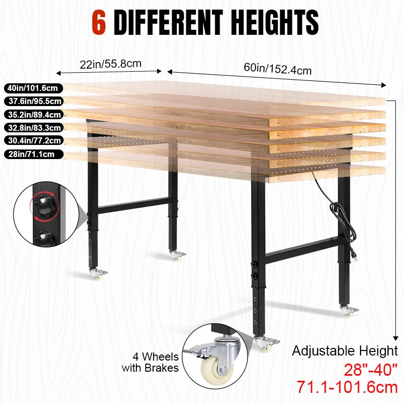 60”×22” Heavy-Duty Workbench with Wheels,Adjustable Worktable 2000 LBS Load Capacity Rubber Wood Table Work Bench for Garage