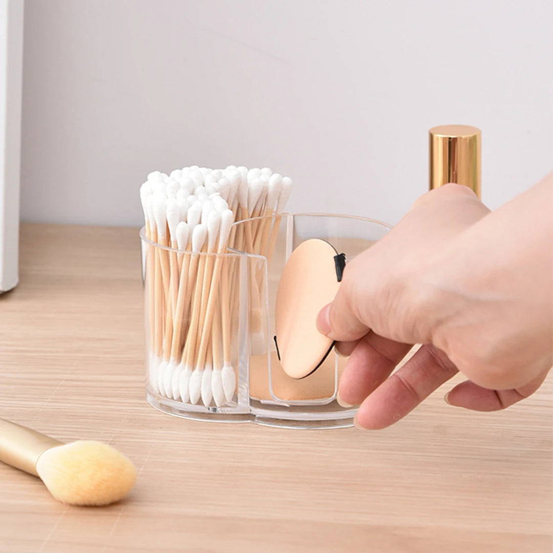 Holder with Dual Compartments - Clear Cotton Swab and Cotton Balls Organizer - Transparent Bathroom Storage Container for Makeup