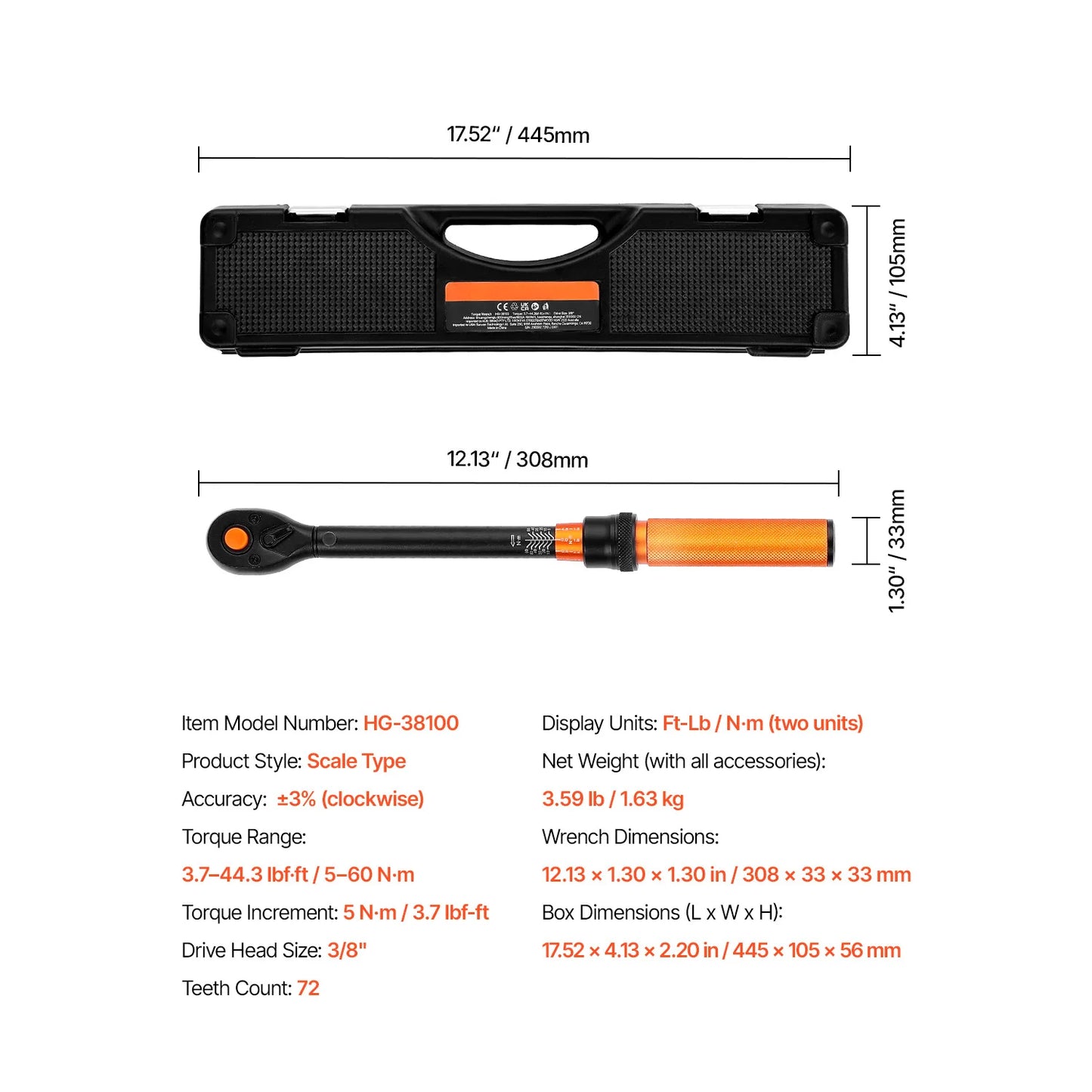 SucceBuy Torque Wrench Set Drive Click Torque Wrench Dual-Direction Adjustable  Mechanical Dual Range Scales Torque Wrench Kit