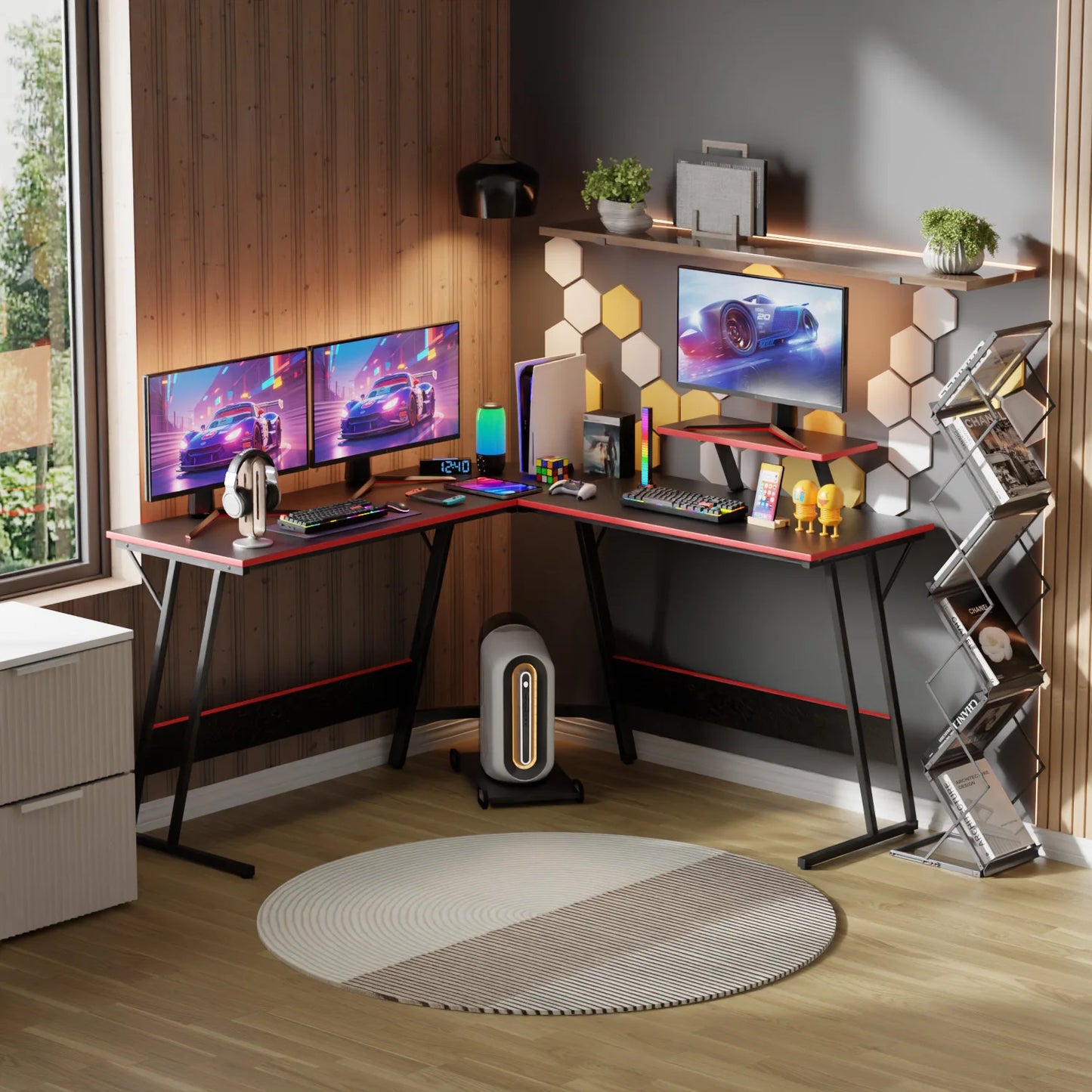 Gaming Desk L Shaped Corner Computer Desk, Home Office Desks Writing Workstation with Large Monitor Stand Easy to Assemble
