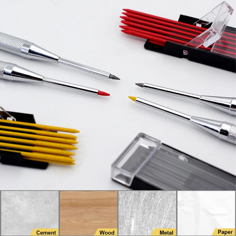 2mm Mechanical Woodworking Pencil Set with 12 Pen Cores, Woodworking Marking Tool Solid Deep Hole Construction Pencil
