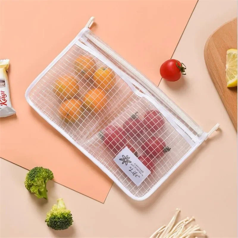 1Pcs Refrigerator Storage Mesh Bag Double Compartment Hanging Pouch Kitchen Organizer Pockets with Hook Washable Fridge Net Bag