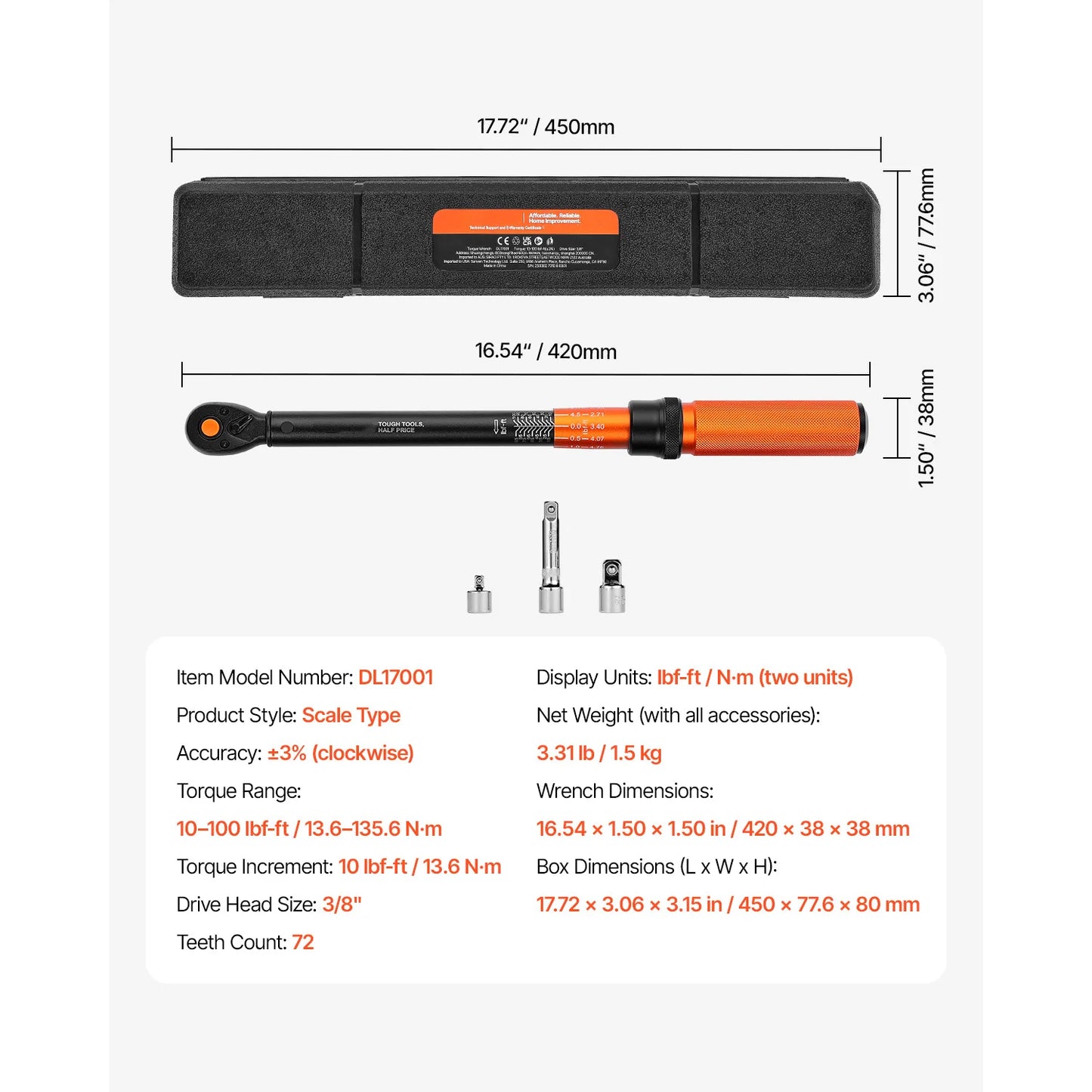 SucceBuy Torque Wrench Set Drive Click Torque Wrench Dual-Direction Adjustable  Mechanical Dual Range Scales Torque Wrench Kit