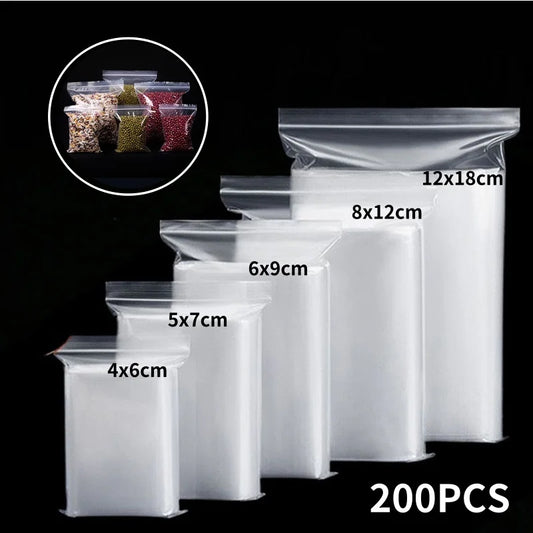 200/100PCS Transparent Zip Bags Food Jewelry Vacuum Storage Bag Plastic Thicken Reclosable Poly Bag Kitchen Organization Package