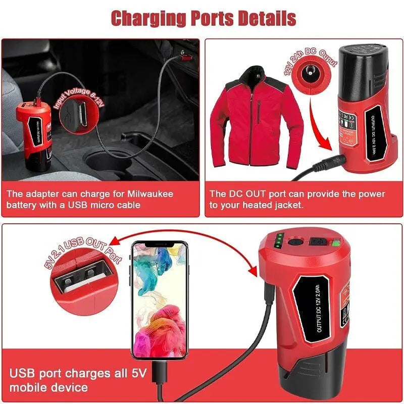 Power Source Replacement for Milwaukee 12V Battery Charger 48-59-1201 49-24-231 Portable Power Supply Adapter with 2.1A USB Port