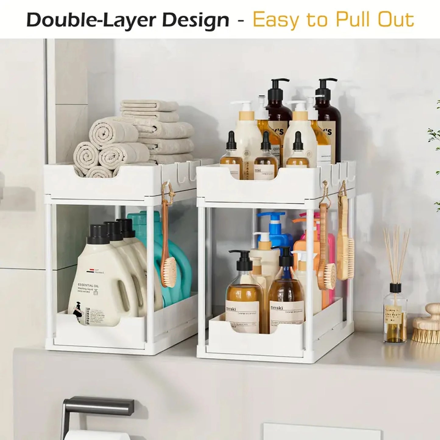 Double-Layer Pull-Out Kitchen Storage Rack, Non-Slip and Stable, Multifunctional Storage Box with Five Hooks, Under-Sink Brush Double-Layer Drawer Storage Rack, Suitable for Kitchen and Bathroom Countertop Sink Storage