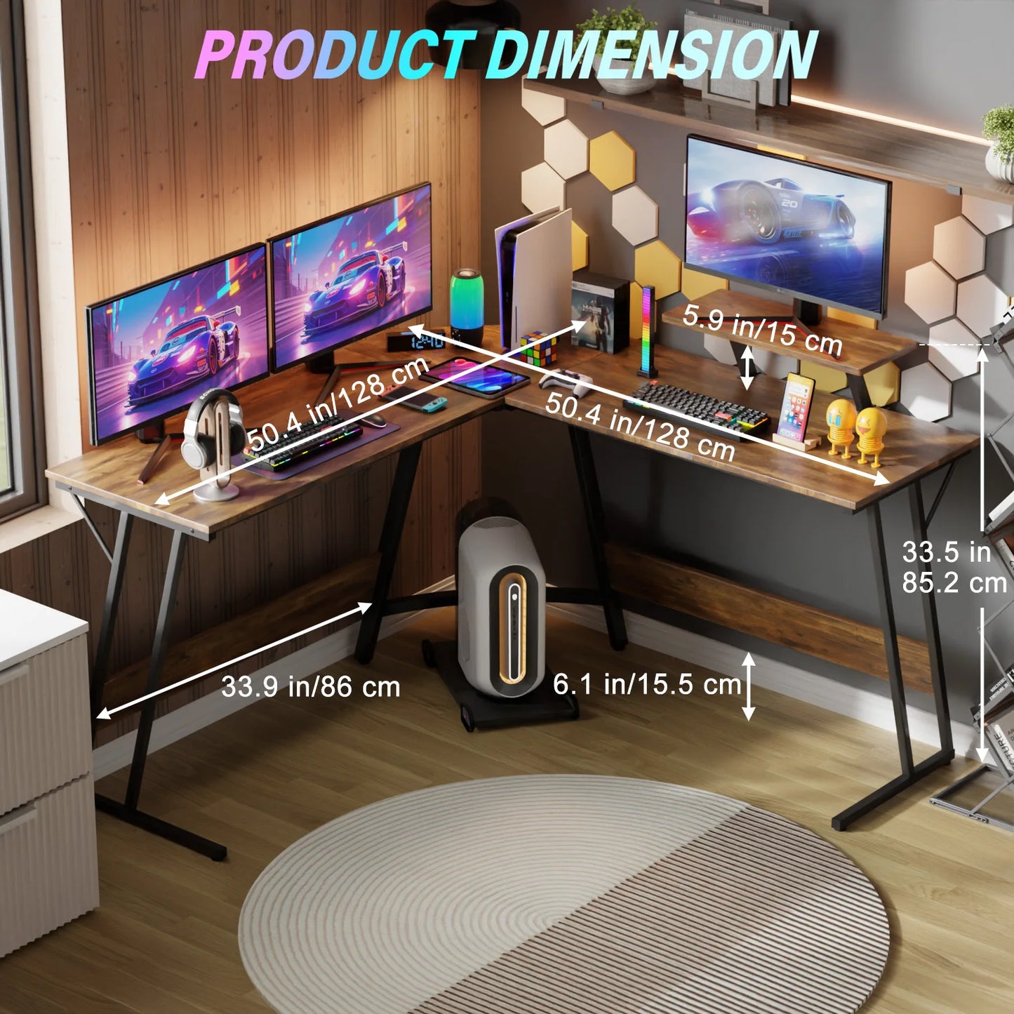 Gaming Desk L Shaped Corner Computer Desk, Home Office Desks Writing Workstation with Large Monitor Stand Easy to Assemble