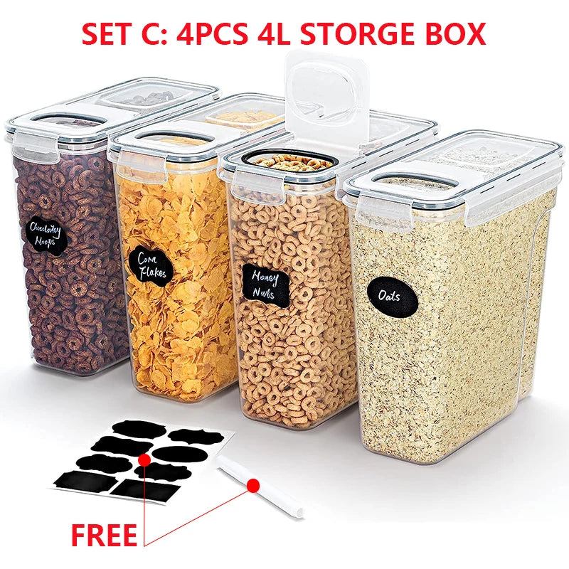 4L Cereal Storage Containers with Lids 1/2/4pcs Airtight Food Moistureproof Tank with Label Stickers Kitchen Organization Box