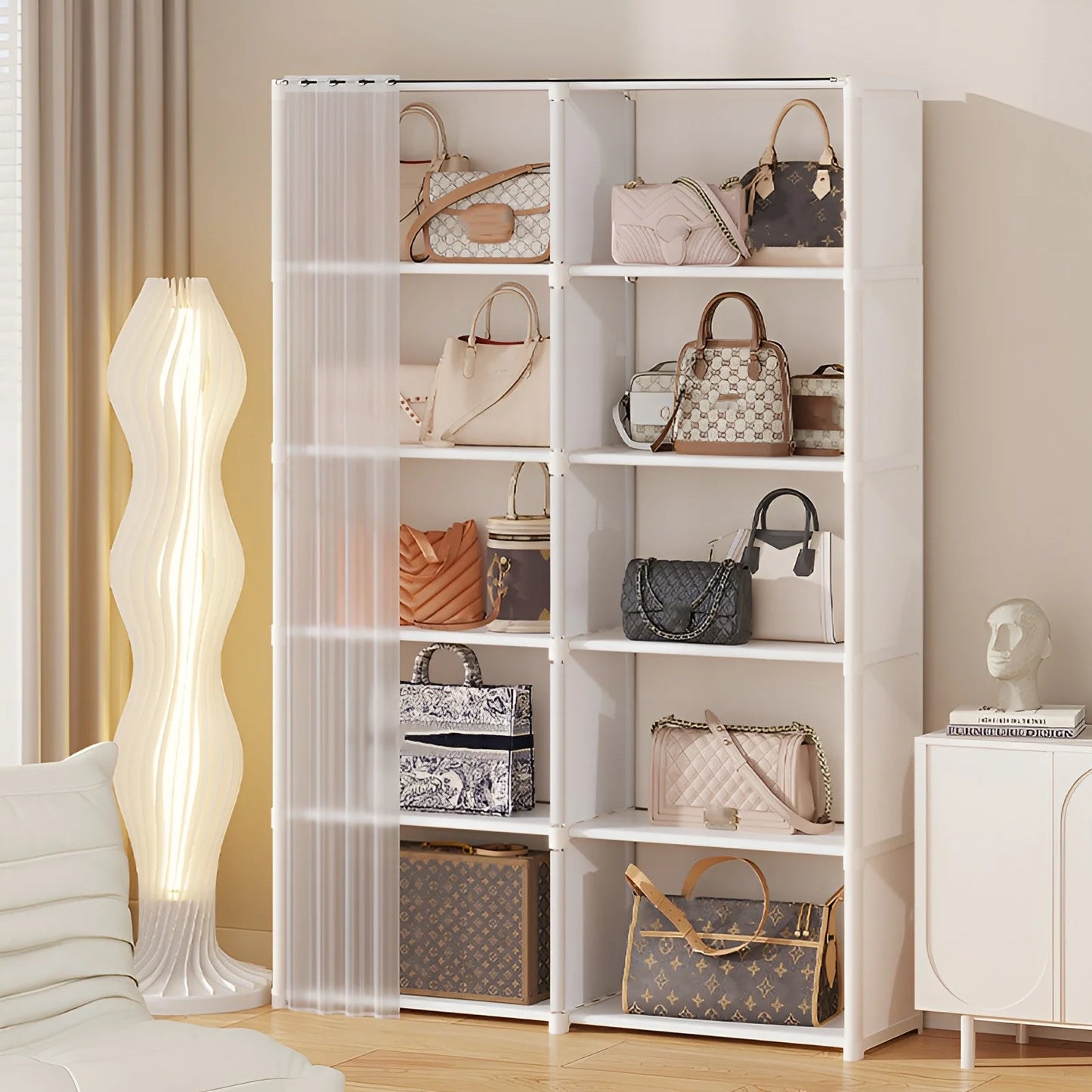 6-Layer Bedroom Clothes Closet Storage Rack Wardrobe with Curtain – Dustproof Organizer for Quilts, Clothing Blankets Book Shoes