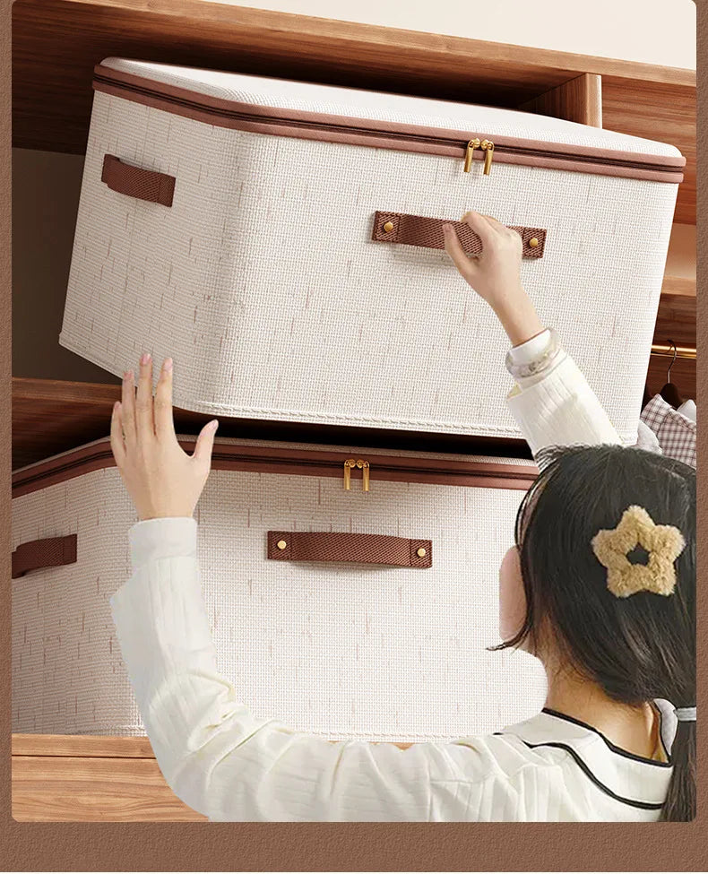 Large Household Storage Box Heavy-duty Hard Shell Cotton Linen Zipper Storage Organizer Box with Lid for Clothes Toys Blankets