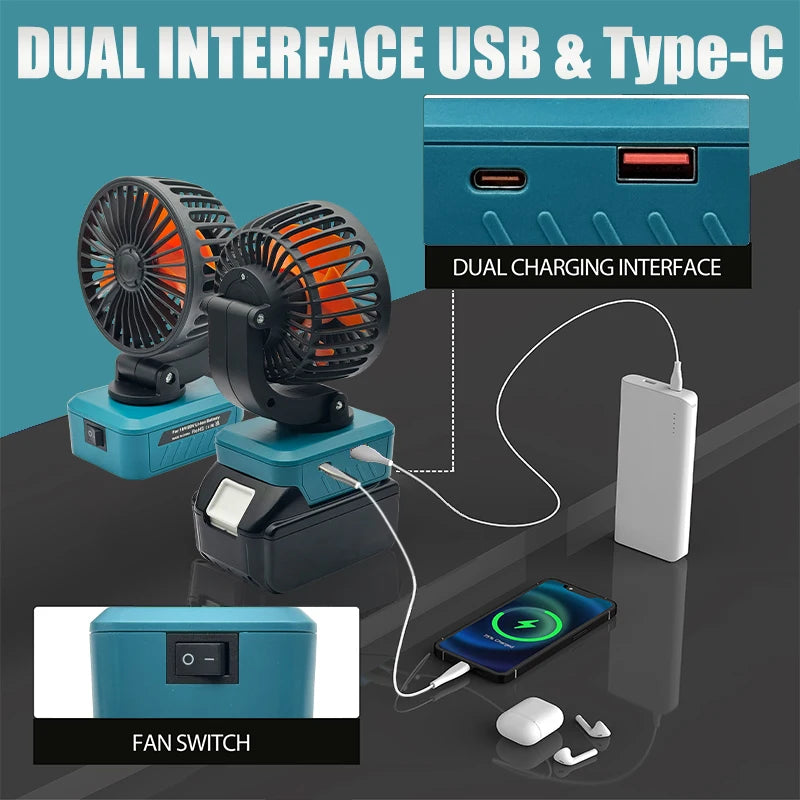 Power Tool Accessories Foldable Electric Fan USB Type-C Mobile Phone Charger Power Bank For Makita 18V Lithium Battery BL1830
