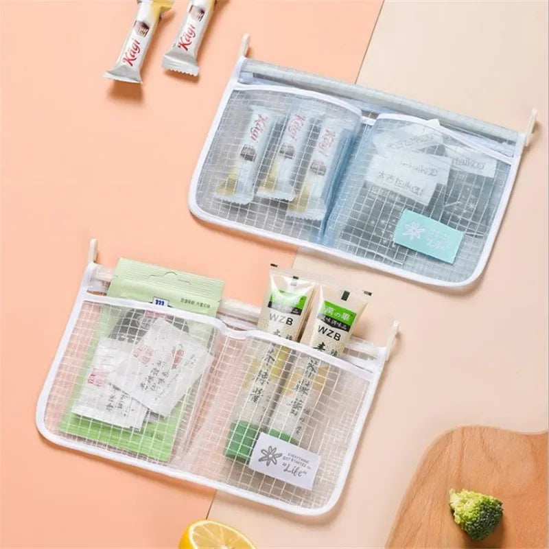 1Pcs Refrigerator Storage Mesh Bag Double Compartment Hanging Pouch Kitchen Organizer Pockets with Hook Washable Fridge Net Bag
