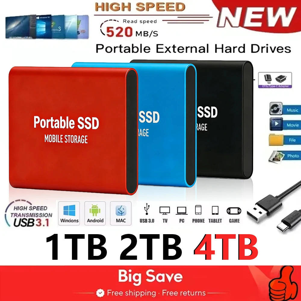 16TB High-speed Portable SSD 4TB External Hard Drive Genuine USB3.1 Solid-state Drives 1TB External Hard Disk for Laptops/MAC/PC
