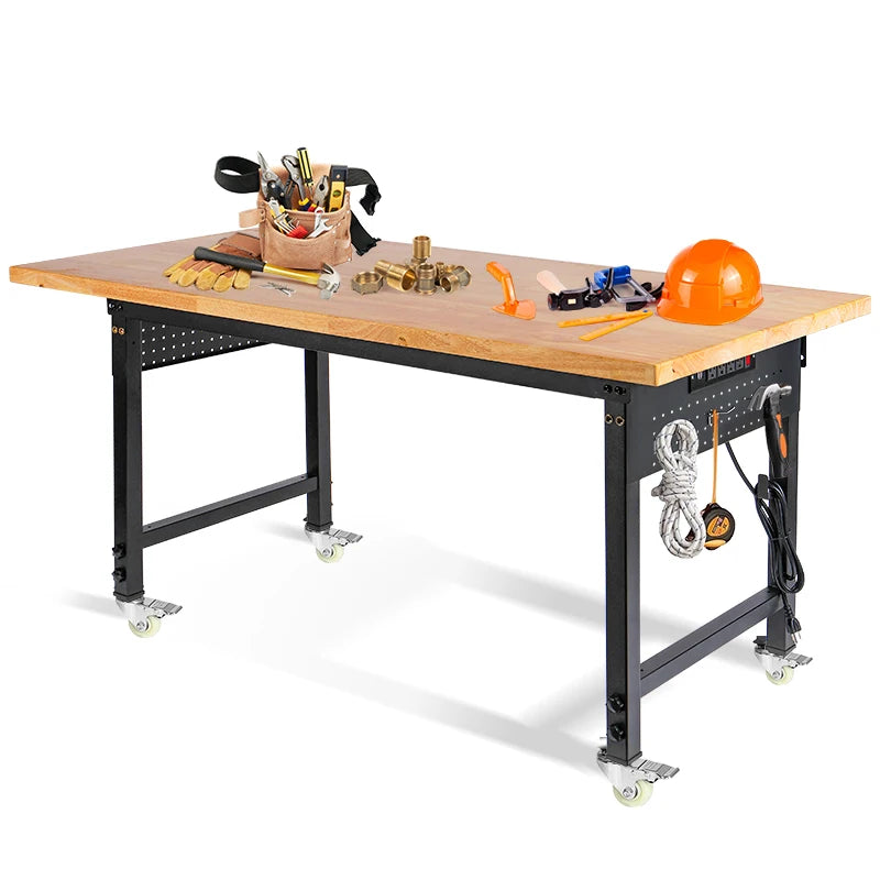 60”×22” Heavy-Duty Workbench with Wheels,Adjustable Worktable 2000 LBS Load Capacity Rubber Wood Table Work Bench for Garage