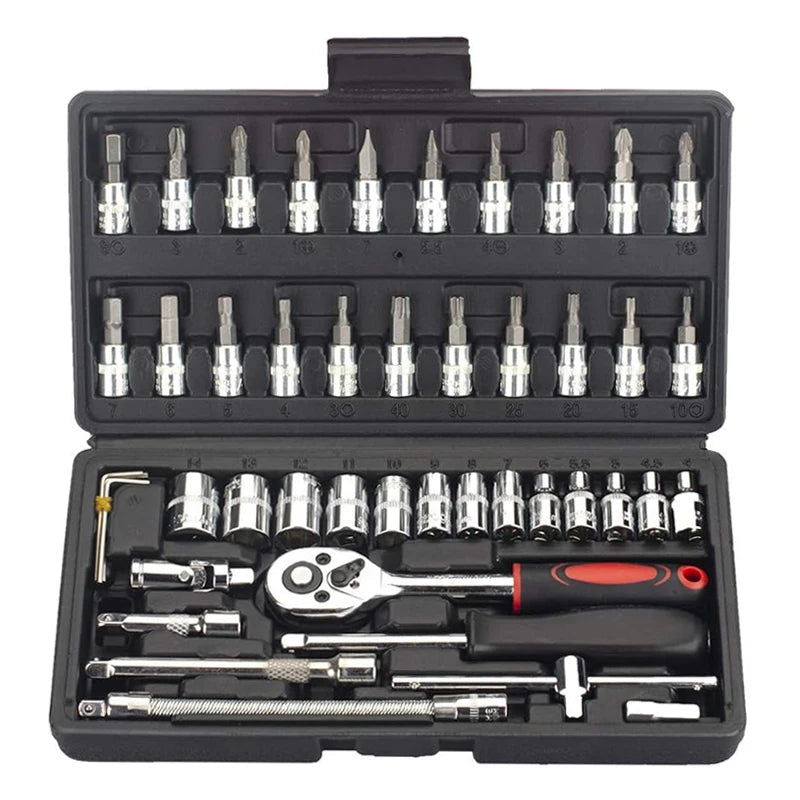 46 Pieces 1/4 Inch Drive Socket Ratchet Wrench Set, With Bit Socket Set, Metric And Extension Bar For Auto Repairing