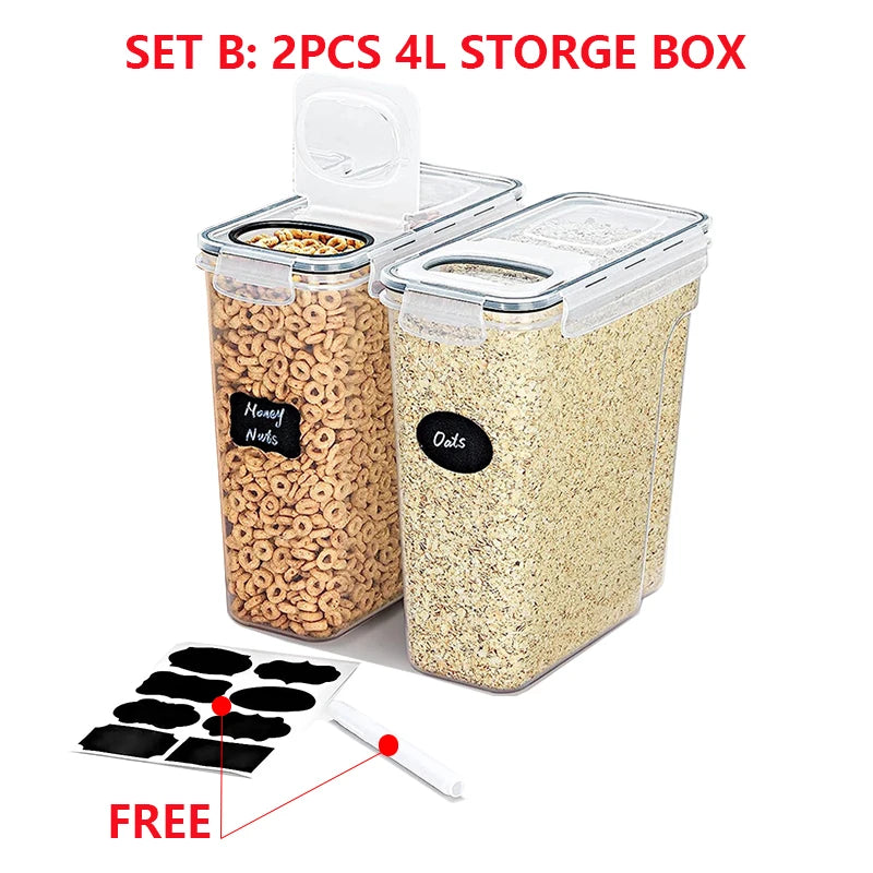 4L Cereal Storage Containers with Lids 1/2/4pcs Airtight Food Moistureproof Tank with Label Stickers Kitchen Organization Box