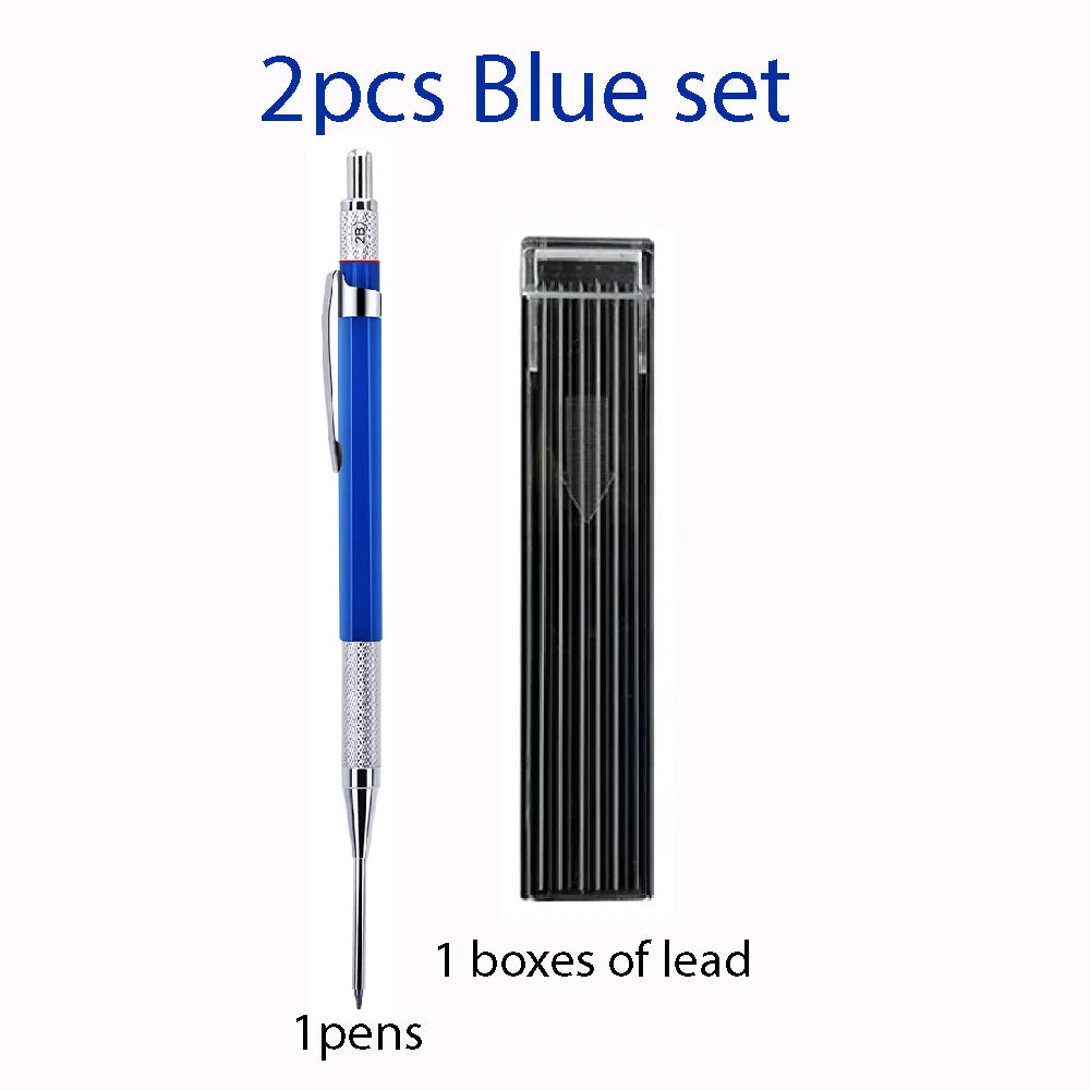2mm Mechanical Woodworking Pencil Set with 12 Pen Cores, Woodworking Marking Tool Solid Deep Hole Construction Pencil