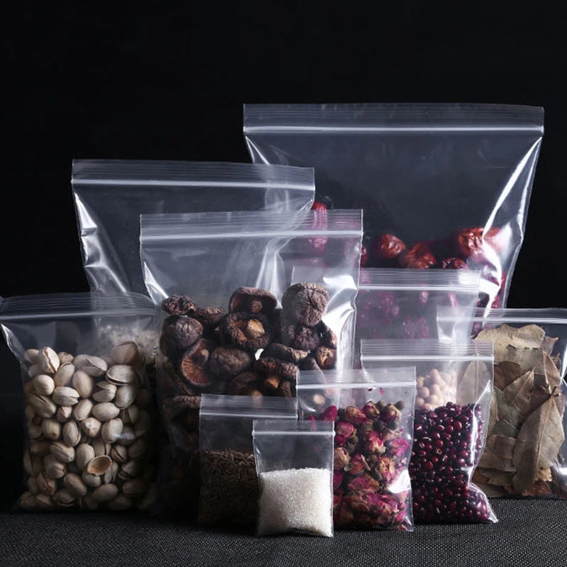 200/100PCS Transparent Zip Bags Food Jewelry Vacuum Storage Bag Plastic Thicken Reclosable Poly Bag Kitchen Organization Package