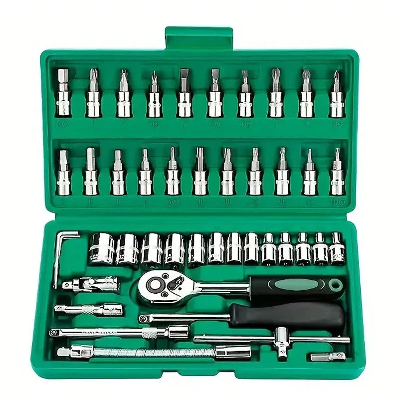 46 Pieces 1/4 Inch Drive Socket Ratchet Wrench Set, With Bit Socket Set, Metric And Extension Bar For Auto Repairing
