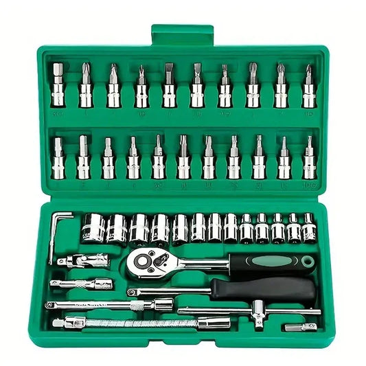 46 Pieces 1/4 Inch Drive Socket Ratchet Wrench Set, With Bit Socket Set, Metric And Extension Bar For Auto Repairing