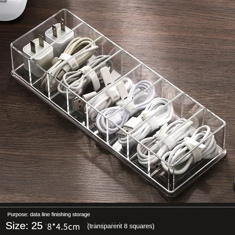 The transparent plastic Data Cable Storage Box household cable MobilePhone Charger Charging Cable Finishing Box Divided Grid Box