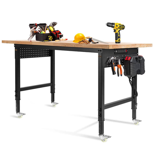 60”×22” Heavy-Duty Workbench with Wheels,Adjustable Worktable 2000 LBS Load Capacity Rubber Wood Table Work Bench for Garage
