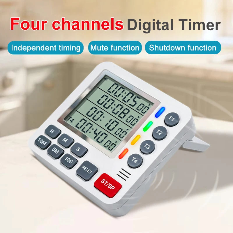 Magnetic Kitchen Timer 4 Channels Four Sets of Timing Large LCD Display Digital Cooking Countdown Timer Home Kitchen Accessories