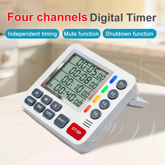 Magnetic Kitchen Timer 4 Channels Four Sets of Timing Large LCD Display Digital Cooking Countdown Timer Home Kitchen Accessories