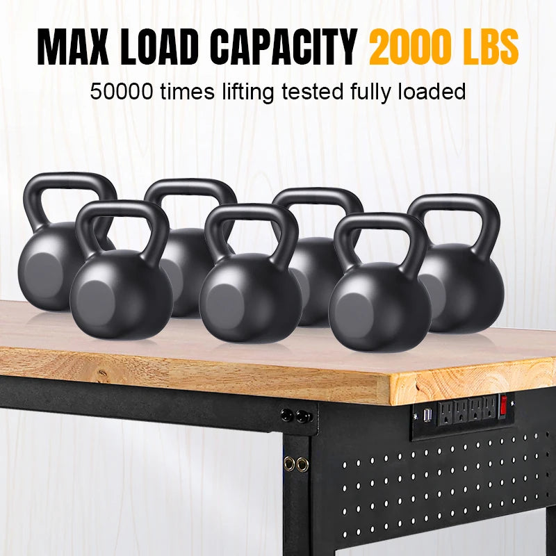 60” Adjustable Workbench Worktable 2000 LBS Load Capacity Rubber Wood Table Work Benches for Garage,with Power Outlet & Pegboard