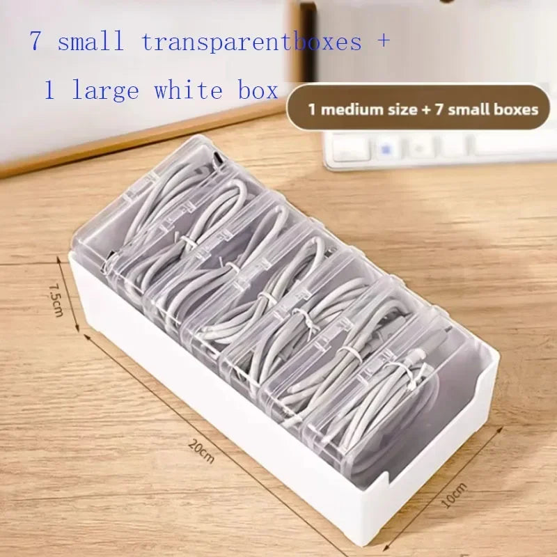 The transparent plastic Data Cable Storage Box household cable MobilePhone Charger Charging Cable Finishing Box Divided Grid Box