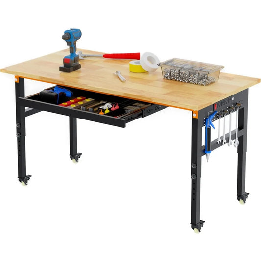 60" Adjustable Workbench on Wheels, 2000 LBS Heavy Duty Work Table with Power Outlets & Pegboard, Rubber Wood Workstation