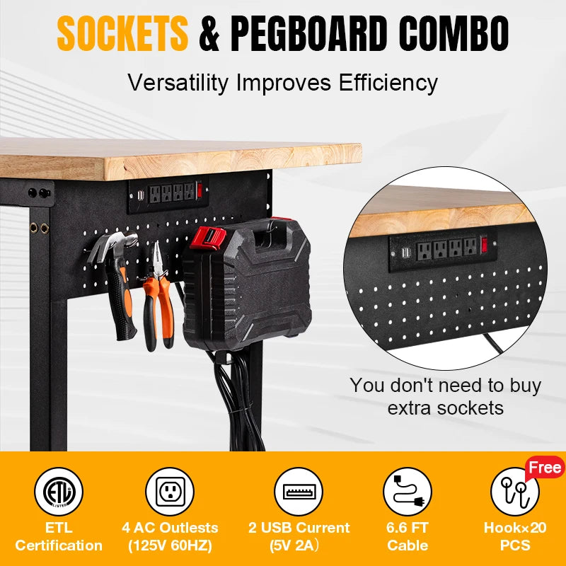 60” Adjustable Workbench Worktable 2000 LBS Load Capacity Rubber Wood Table Work Benches for Garage,with Power Outlet & Pegboard