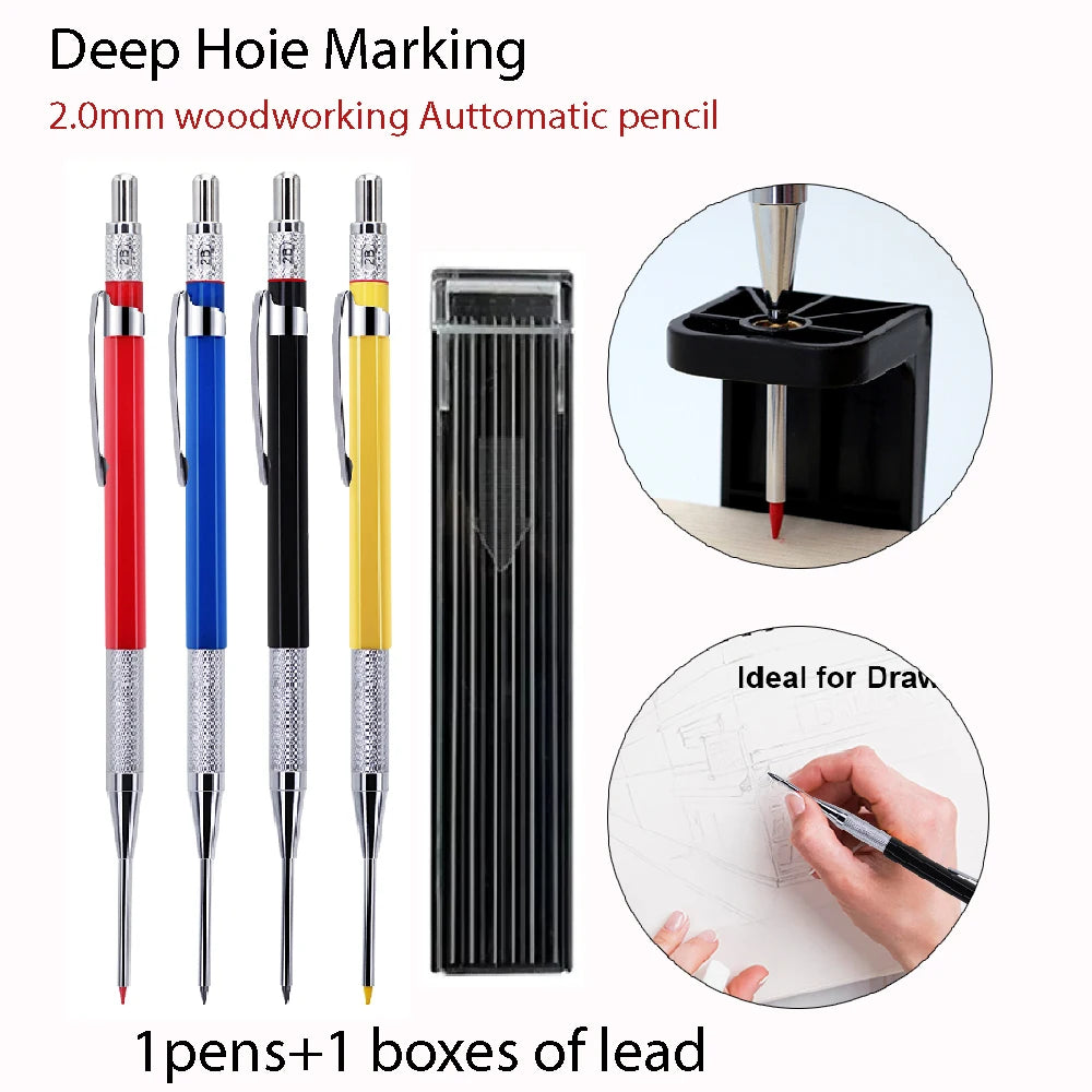2mm Mechanical Woodworking Pencil Set with 12 Pen Cores, Woodworking Marking Tool Solid Deep Hole Construction Pencil