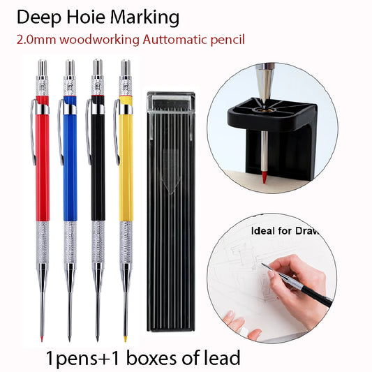 2mm Mechanical Woodworking Pencil Set with 12 Pen Cores, Woodworking Marking Tool Solid Deep Hole Construction Pencil