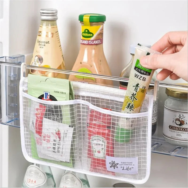 1Pcs Refrigerator Storage Mesh Bag Double Compartment Hanging Pouch Kitchen Organizer Pockets with Hook Washable Fridge Net Bag