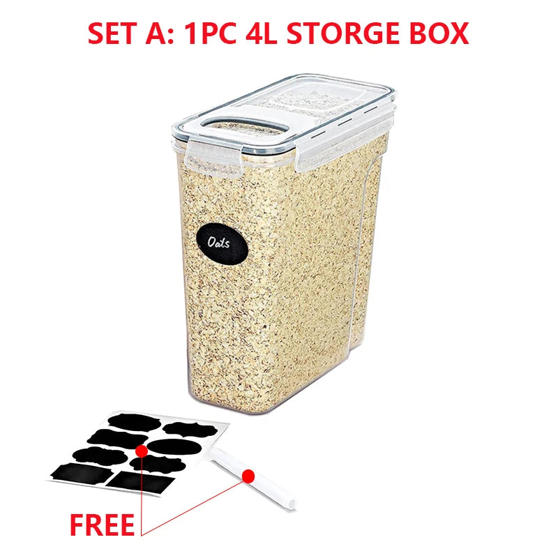 4L Cereal Storage Containers with Lids 1/2/4pcs Airtight Food Moistureproof Tank with Label Stickers Kitchen Organization Box