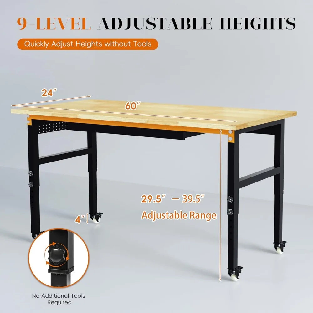 60" Adjustable Workbench on Wheels, 2000 LBS Heavy Duty Work Table with Power Outlets & Pegboard, Rubber Wood Workstation