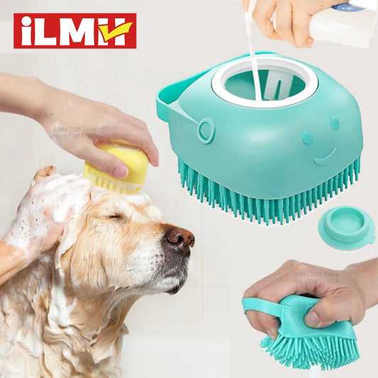 Dog Bathing Brush Pet Massage Brush Shampoo Dispenser Soft Silicone Brush Rubber Bristle for Dogs and Cats Shower Grooming Tool