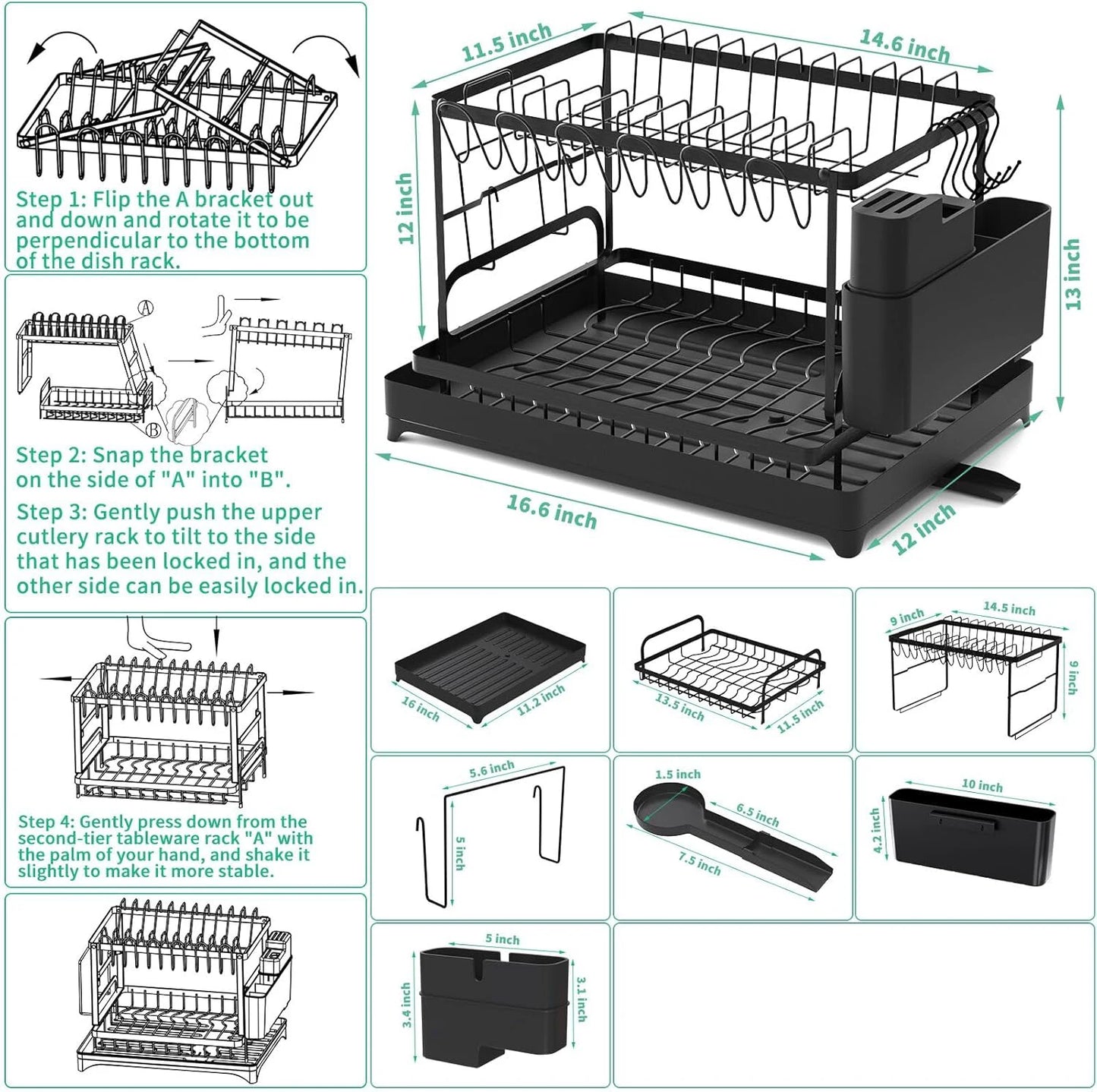 Kitchen countertop 2-tier dish drying rack, kitchen countertop dish drainer with drip tray, metal kitchen dish rack with drip tr
