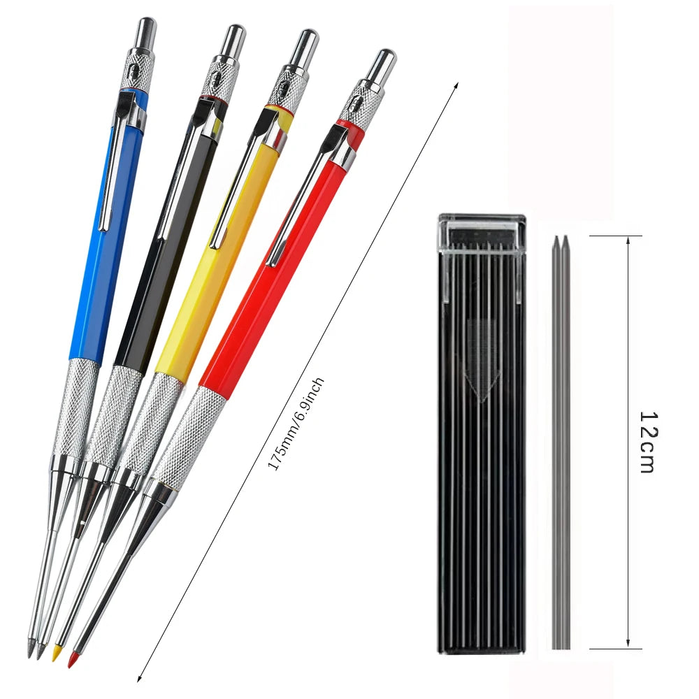 2mm Mechanical Woodworking Pencil Set with 12 Pen Cores, Woodworking Marking Tool Solid Deep Hole Construction Pencil