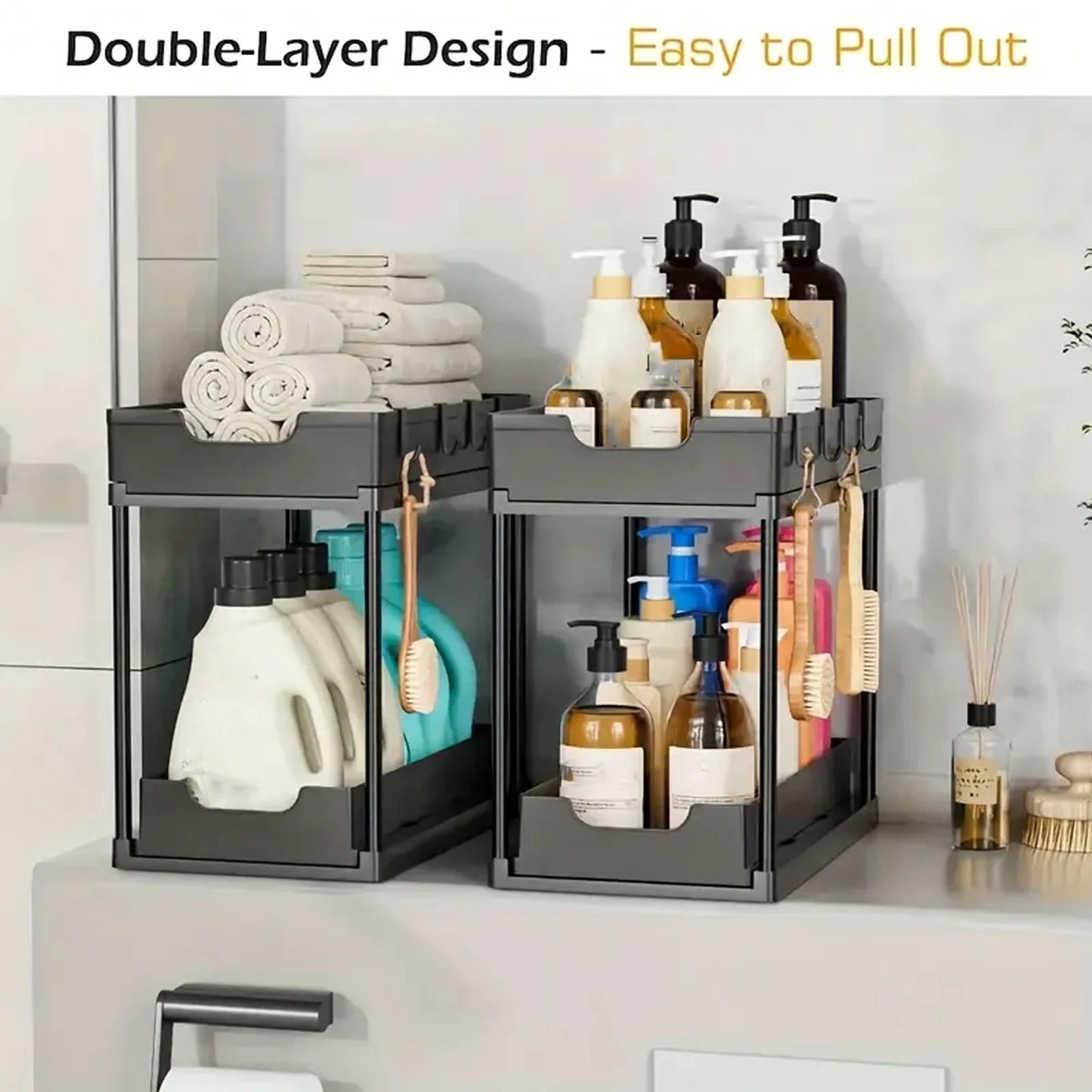 Double-Layer Pull-Out Kitchen Storage Rack, Non-Slip and Stable, Multifunctional Storage Box with Five Hooks, Under-Sink Brush Double-Layer Drawer Storage Rack, Suitable for Kitchen and Bathroom Countertop Sink Storage