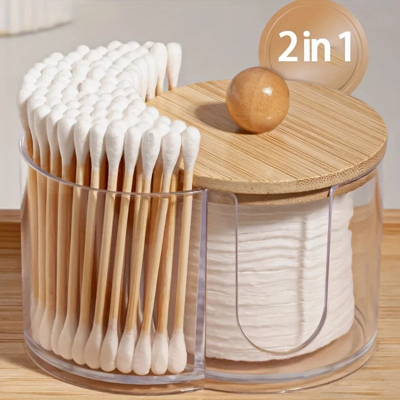 Holder with Dual Compartments - Clear Cotton Swab and Cotton Balls Organizer - Transparent Bathroom Storage Container for Makeup