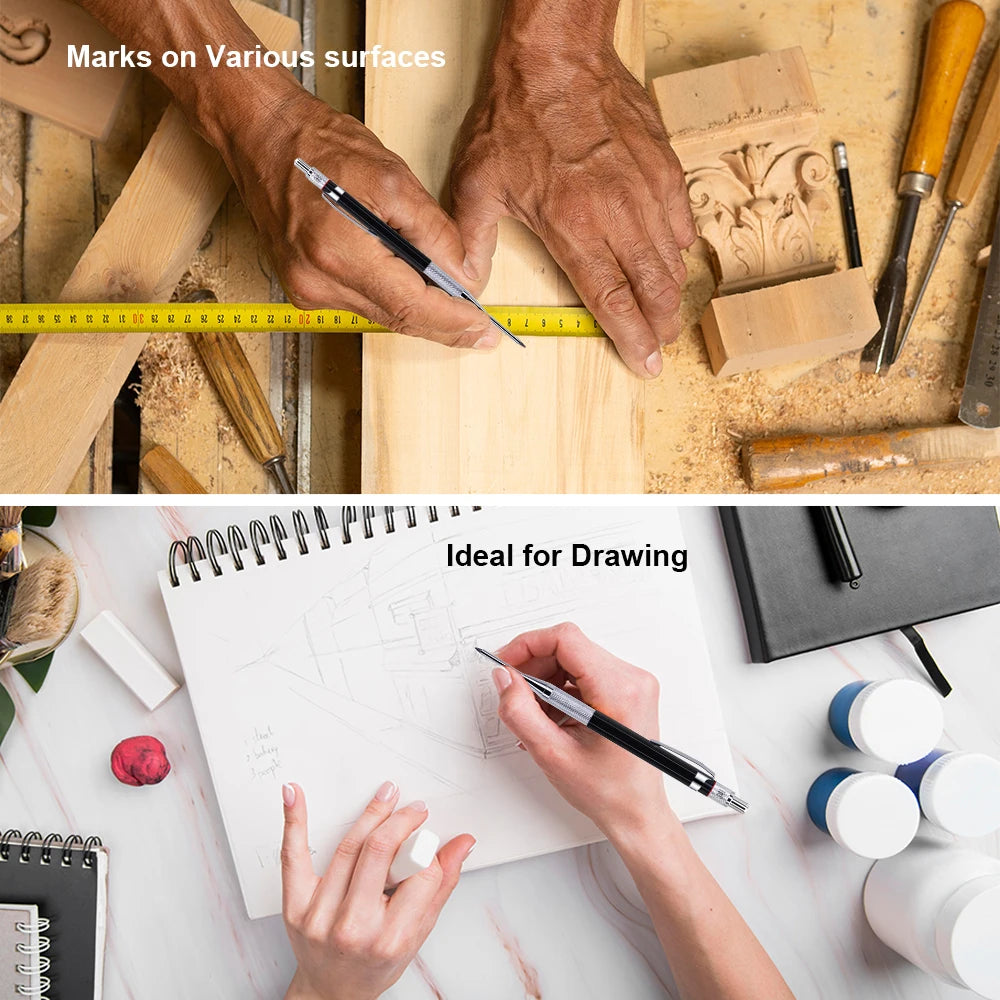 2mm Mechanical Woodworking Pencil Set with 12 Pen Cores, Woodworking Marking Tool Solid Deep Hole Construction Pencil