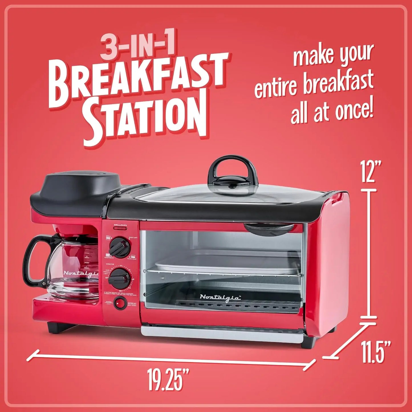 3-in-1 Breakfast Station: Coffee Maker, Griddle & Toaster Oven with Timer - Red