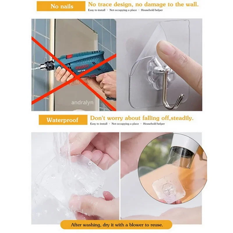 1/5/50pcs Transparent Stainless Steel Self-Adhesive Hooks Bathroom Towel Clothes Storage Sticker Hook Key Hangers Storage Holder